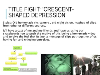 TITLE FIGHT: ‘CRESCENT-
SHAPED DEPRESSION’
Styles: Old homemade vhs camera , old night vision, mashup of clips
from other or different sources.
It'll have a cast of me and my friends and have us using our
skateboards too to push the motive of this being a homemade video
and to give the feel that its just a montage of clips put together of us
having fun and enjoying ourselves.
 