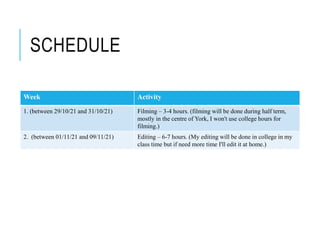 SCHEDULE
Week Activity
1. (between 29/10/21 and 31/10/21) Filming – 3-4 hours. (filming will be done during half term,
mostly in the centre of York, I won't use college hours for
filming.)
2. (between 01/11/21 and 09/11/21) Editing – 6-7 hours. (My editing will be done in college in my
class time but if need more time I'll edit it at home.)
 