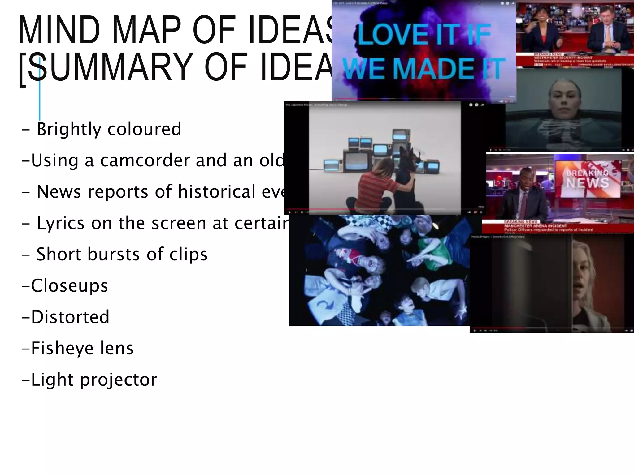 MIND MAP OF IDEAS
[SUMMARY OF IDEAS]
- Brightly coloured
-Using a camcorder and an old TV
- News reports of historical events
- Lyrics on the screen at certain points
- Short bursts of clips
-Closeups
-Distorted
-Fisheye lens
-Light projector
 