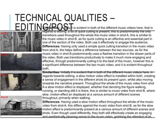 TECHNICAL QUALITIES –
EDITING/POSTSimilarities: Initially it is evident in both of the different music videos here, that in
regards to editing, a lot of quick cutting is present; this is predominantly the only
transitions used throughout the whole the music video in shot A, this is similar to
the music video in shot B, as for quick cutting is an effective and essential part in
one of the section of the video. Both use it effectively to engage the audience.
Differences: Having only used a simple quick cutting transition in the music video
from shot A, the helps define a difference between the two sources, as for the
music video in shot B predominantly uses a flashes transition in the slower parts of
the video. Both use transitions productively to make it much more engaging and
effective, through predominantly cutting it to the beat of the music, however this is
a significant difference between the two music video, and it is evident throughout
both.
Similarities: Initially it is evident that in both of the different music videos here, in
regards towards editing, a slow motion video effect is installed within both, creating
a sense of engagement in the different shots its present upon, whilst also moving
onwards the narrative present. Throughout the whole of the music video from shot
A a slow motion effect is displayed, whether that denoting the figure walking,
running, or standing still ti is there, this is similar to music video from shot B, where
slow ,motion effect an displayed at a various amount of different scenes
throughout, primarily when walking.
Differences: Having used a slow motion effect throughout the whole of the music
video from shot A, this differs against the music video from shot B, as for the slow
motion effect is predominantly present at a various amount of different scenes and
shots. Even though used differently, they both still effectively create an engaging
and aesthetically pleasing sense to the music video, grabbing the attention of its
Shot A
Shot A
Shot B
Shot B
 