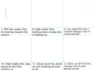7. POV low-angle shot,
me leaning towards the
camera
8. High-angle shot,
looking down at dog who
is looking up
9. Low-angle POV shot, I
simulate dialogue “but it’s
raining outside”
10. High-angle shot, dog
laying on the floor
11. Close-up of me, hand
on chin thinking of what
12. Close-up of TV screen,
missing a lot of notes
getting missed
 