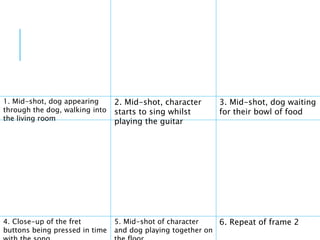 1. Mid-shot, dog appearing
through the dog, walking into
the living room
2. Mid-shot, character
starts to sing whilst
playing the guitar
3. Mid-shot, dog waiting
for their bowl of food
4. Close-up of the fret
buttons being pressed in time
5. Mid-shot of character
and dog playing together on
6. Repeat of frame 2
 