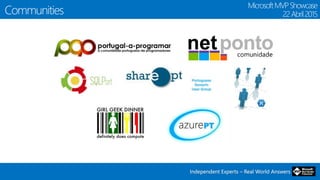 Independent Experts – Real World AnswersIndependent Experts – Real World Answers
Communities
MicrosoftMVPShowcase
22Abril2015
 