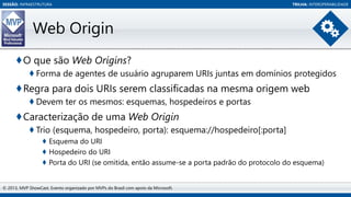 SESSÃO: INFRAESTRUTURA

TRILHA: INTEROPERABILIDADE

Web Origin
♦O que são Web Origins?
♦ Forma de agentes de usuário agruparem URIs juntas em domínios protegidos

♦Regra para dois URIs serem classificadas na mesma origem web
♦ Devem ter os mesmos: esquemas, hospedeiros e portas

♦Caracterização de uma Web Origin
♦ Trio (esquema, hospedeiro, porta): esquema://hospedeiro[:porta]
♦ Esquema do URI
♦ Hospedeiro do URI
♦ Porta do URI (se omitida, então assume-se a porta padrão do protocolo do esquema)

© 2013, MVP ShowCast. Evento organizado por MVPs do Brasil com apoio da Microsoft.

 