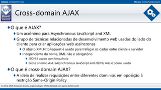 SESSÃO: INFRAESTRUTURA

TRILHA: INTEROPERABILIDADE

Cross-domain AJAX
♦O que é AJAX?
♦ Um acrônimo para Asynchronous JavaScript and XML
♦ Grupo de técnicas relacionadas de desenvolvimento web usadas do lado do
cliente para criar aplicações web assíncronas
♦ O objeto XMLHttpRequest é usado para trafegar os dados entre cliente e servidor
♦ Independente do nome, XML não é obrigatório
♦ JSON é usado com frequência
♦ Existe o termo AJAJ (Asynchronous JavaScript and JSON), mas é pouco usado

♦O que é cross-domain AJAX?
♦ A ideia de realizar requisições entre diferentes domínios em oposição à
restrição Same-Origin Policy
© 2013, MVP ShowCast. Evento organizado por MVPs do Brasil com apoio da Microsoft.

 