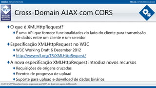SESSÃO: INFRAESTRUTURA

TRILHA: INTEROPERABILIDADE

Cross-Domain AJAX com CORS
♦O que é XMLHttpRequest?
♦ É uma API que fornece funcionalidades do lado do cliente para transmissão
de dados entre um cliente e um servidor

♦Especificação XMLHttpRequest no W3C
♦ W3C Working Draft 6 December 2012
♦ http://www.w3.org/TR/XMLHttpRequest/

♦A nova especificação XMLHttpRequest introduz novos recursos
♦ Requisições de origens cruzadas
♦ Eventos de progresso de upload
♦ Suporte para upload e download de dados binários
© 2013, MVP ShowCast. Evento organizado por MVPs do Brasil com apoio da Microsoft.

 