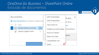 IT Produtividade 
OneDrive for Business – SharePoint Online 
Exclusão de documentos 
© 2014, MVP ShowCast (mvpshowcast.azurewebsites.net) Programa MVP (mvp.microsoft.com) 
 