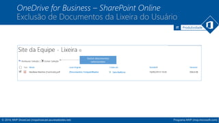 OneDrive for Business – SharePoint Online 
Exclusão de Documentos da Lixeira do Usuário 
IT Produtividade 
© 2014, MVP ShowCast (mvpshowcast.azurewebsites.net) Programa MVP (mvp.microsoft.com) 
 