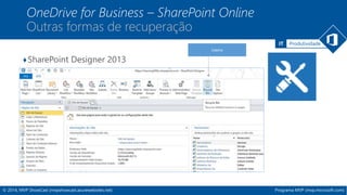 IT Produtividade 
OneDrive for Business – SharePoint Online 
Outras formas de recuperação 
♦SharePoint Designer 2013 
© 2014, MVP ShowCast (mvpshowcast.azurewebsites.net) Programa MVP (mvp.microsoft.com) 
 