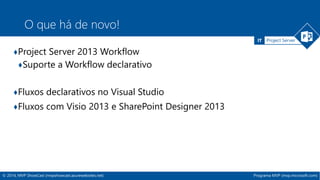IT Project Server 
O que há de novo! 
♦Project Server 2013 Workflow 
♦Suporte a Workflow declarativo 
♦Fluxos declarativos no Visual Studio 
♦Fluxos com Visio 2013 e SharePoint Designer 2013 
© 2014, MVP ShowCast (mvpshowcast.azurewebsites.net) Programa MVP (mvp.microsoft.com) 
 