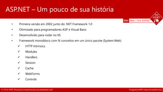 DEV Web / One ASP.NET 
ASP.NET – Um pouco de sua história 
• Primeira versão em 2002 junto do .NET Framework 1.0 
• Otimizado para programadores ASP e Visual Basic 
• Desenvolvido para rodar no IIS 
• Framework monobloco com N conceitos em um único pacote (System.Web) 
 HTTP Intrinsics 
 Modules 
 Handlers 
 Session 
 Cache 
 WebForms 
 Controls 
© 2014, MVP ShowCast (mvpshowcast.azurewebsites.net) Programa MVP (mvp.microsoft.com) 
 