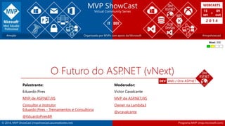 WEBCASTS 
15 
set 
2 0 1 4 
DEV Web / One ASP.NET 
MVP ShowCast 
Virtual Community Series 
a 
09 
out 
#mvpbr Organizado p...