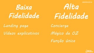 Baixa
Fidelidade
Alta
Fidelidade
Concierge
Mágico de OZ
Função única
Landing page
Vídeos explicativos
#SWRIO2018
 