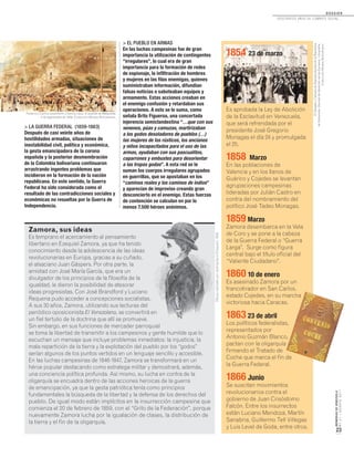 D O S S I E R
dosCiEntos años dE CombatE soCial...
MEMORIASDEVENEZUELA
N°21/AGOSTO2011
23
> EL PUEBLO EN ARMAS
En las luchas campesinas fue de gran
importancia la utilización de contingentes
“irregulares”, lo cual era de gran
importancia para la formación de redes
de espionaje, la infiltración de hombres
y mujeres en las filas enemigas, quienes
suministraban información, difundían
falsas noticias o saboteaban equipos y
armamento. Estas acciones creaban en
el enemigo confusión y retardaban sus
operaciones. A esto se le suma, como
señala Brito Figueroa, una concertada
injerencia semiclandestina “…que con sus
venenos, púas y camuzas, martirizaban
a los godos desoladores de pueblos (…)
las mujeres de los rústicos, los ancianos
y niños incapacitados para el uso de las
armas, ayudaban con sus pascualitos,
caparrones y embustes para desorientar
a las tropas godas”. A esta red se le
suman los cuerpos irregulares agrupados
en guerrillas, que se apostaban en los
“caminos reales y los caminos de indios”
y aparecían de improviso creando gran
desconcierto en el enemigo. Estas fuerzas
de contención se calculan en por lo
menos 7.500 héroes anónimos.
Zamora, sus ideas
Es temprano el acercamiento al pensamiento
libertario en Ezequiel Zamora, ya que ha tenido
conocimiento desde la adolescencia de las ideas
revolucionarias en Europa, gracias a su cuñado,
el alsaciano Juan Gáspers. Por otra parte, la
amistad con José María García, que era un
divulgador de los principios de la filosofía de la
igualdad, le dieron la posibilidad de atesorar
ideas progresistas. Con José Brandford y Luciano
Requena pudo acceder a concepciones socialistas.
A sus 30 años, Zamora, utilizando sus lecturas del
periódico oposicionista El Venezolano, se convertirá en
un fiel tertulio de la doctrina que allí se promueve.
Sin embargo, en sus funciones de mercader parroquial
se toma la libertad de transmitir a los campesinos y gente humilde que lo
escuchan un mensaje que incluye problemas inmediatos: la injusticia, la
mala repartición de la tierra y la explotación del pueblo por los “godos”
serían algunos de los puntos vertidos en un lenguaje sencillo y accesible.
En las luchas campesinas de 1846-1847, Zamora se transformará en un
héroe popular destacando como estratega militar y demostrará, además,
una conciencia política profunda. Así mismo, su lucha en contra de la
oligarquía se encuadra dentro de las acciones heroicas de la guerra
de emancipación, ya que la gesta patriótica tenía como principios
fundamentales la búsqueda de la libertad y la defensa de los derechos del
pueblo. De igual modo están implícitos en la insurrección campesina que
comienza el 20 de febrero de 1859, con el “Grito de la Federación”, porque
nuevamente Zamora lucha por la igualación de clases, la distribución de
la tierra y el fin de la oligarquía.
> LA GUERRA FEDERAL (1859-1863)
Después de casi veinte años de
hostilidades armadas, situaciones de
inestabilidad civil, política y económica,
la gesta emancipadora de la corona
española y la posterior desmembración
de la Colombia bolivariana continuaron
arrastrando ingentes problemas que
incidieron en la formación de la nación
republicana. En este sentido, la Guerra
Federal ha sido considerada como el
resultado de las contradicciones sociales y
económicas no resueltas por la Guerra de
Independencia.
Requena pudo acceder a concepciones socialistas.
, se convertirá en
1854 23 de marzo
Es aprobada la Ley de Abolición
de la Esclavitud en Venezuela,
que será refrendada por el
presidente José Gregorio
Monagas el día 24 y promulgada
el 25.
1858 Marzo
En las poblaciones de
Valencia y en los llanos de
Guárico y Cojedes se levantan
agrupaciones campesinas
lideradas por Julián Castro en
contra del nombramiento del
político José Tadeo Monagas.
1859 Marzo
Zamora desembarca en la Vela
de Coro y se pone a la cabeza
de la Guerra Federal o “Guerra
Larga”. Surge como figura
central bajo el título oficial del
“Valiente Ciudadano”.
1860 10 de enero
Es asesinado Zamora por un
francotirador en San Carlos,
estado Cojedes, en su marcha
victoriosa hacia Caracas.
1863 23 de abril
Los políticos federalistas,
representados por
Antonio Guzmán Blanco,
pactan con la oligarquía
firmando el Tratado de
Coche que marca el fin de
la Guerra Federal.
1866 Junio
Se suscitan movimientos
revolucionarios contra el
gobierno de Juan Crisóstomo
Falcón. Entre los insurrectos
están Luciano Mendoza, Martín
Sanabria, Guillermo Tell Villegas
y Luis Level de Goda, entre otros.
Federico Carlos Lessmann y Georg Laue. El puente de Maiquetía,
2 de septiembre de 1859. Colección Museo Bolivariano.
ElSenadoyCámaradeRepresentantesdelaRepública
deVenezuela,DecretodeAbolicióndelosEsclavos.Litografía.
ColecciónMuseoBolivariano.
 