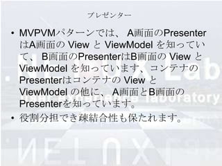 プレゼンター

• MVPVMパターンでは、 A画面のPresenter
  はA画面の View と ViewModel を知ってい
  て、 B画面のPresenterはB画面の View と
  ViewModel を知っています、コンテナの
  Presenterはコンテナの View と
  ViewModel の他に、 A画面とB画面の
  Presenterを知っています。
• 役割分担でき疎結合性も保たれます。
 