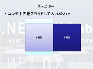 プレゼンター

• コンテナ内をスライドして入れ替わる




         A画面      B画面
 