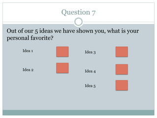 Question 7
Out of our 5 ideas we have shown you, what is your
personal favorite?
Idea 1
Idea 2
Idea 5
Idea 4
Idea 3
 