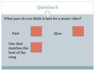 Question 6
What pace do you think is best for a music video?
Fast Slow
One that
matches the
beat of the
song
 