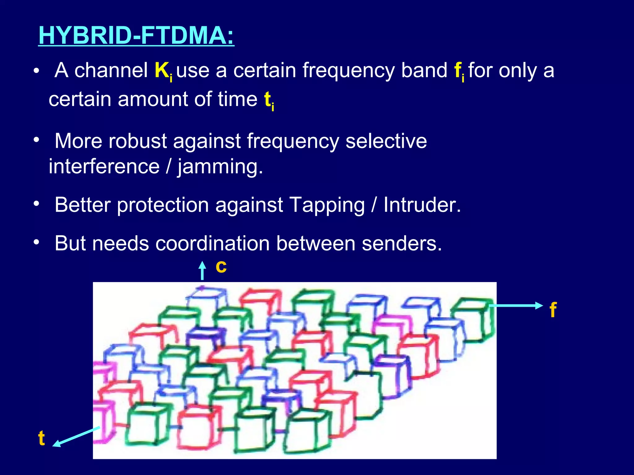 HYBRID-FTDMA:
• A channel Ki use a certain frequency band fi for only a
  certain amount of time ti
• More robust against frequency selective
  interference / jamming.
• Better protection against Tapping / Intruder.
• But needs coordination between senders.
                  c

                                                        f




t
 
