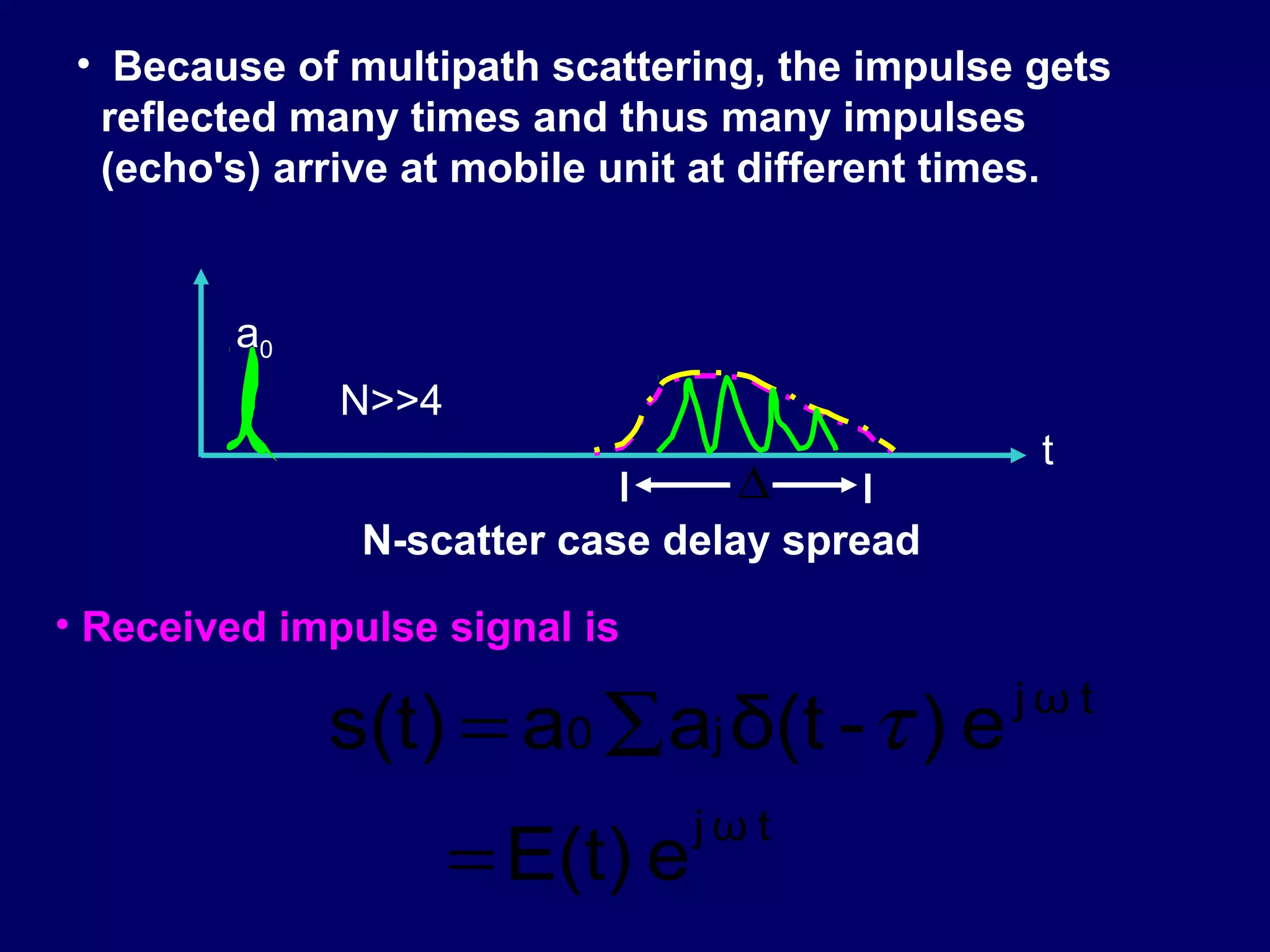 • Because of multipath scattering, the impulse gets
  reflected many times and thus many impulses
  (echo's) arrive at mobile unit at different times.


        a0
              N>>4
                                                t
                                 ∆
               N-scatter case delay spread
• Received impulse signal is

             s(t) = a0 ∑ aj δ(t - τ ) e        jωt

                                jωt
                     = E(t) e
 