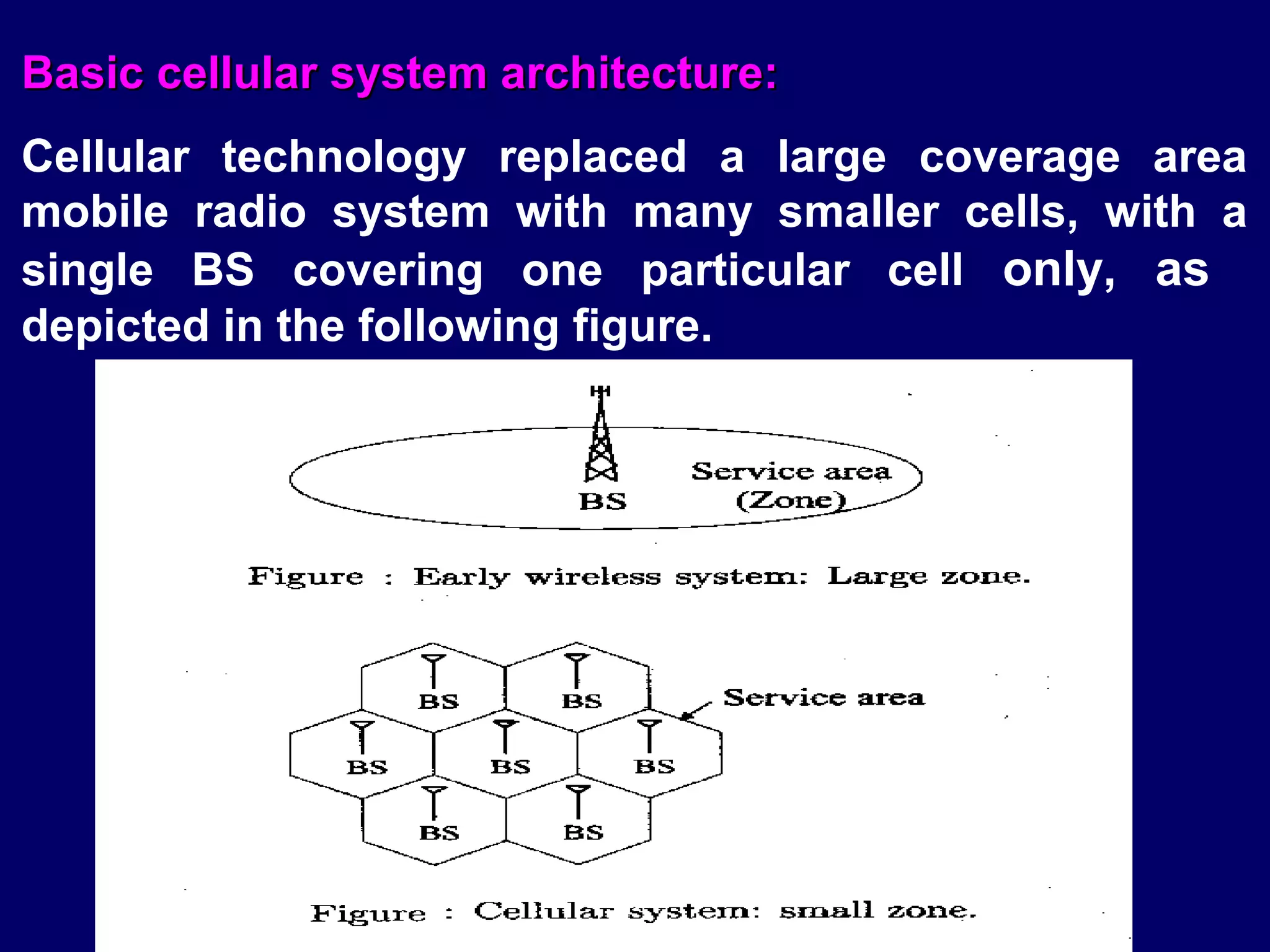 Basic cellular system architecture:
Cellular technology replaced a large coverage area
mobile radio system with many smaller cells, with a
single BS covering one particular cell only, as
depicted in the following figure.
 