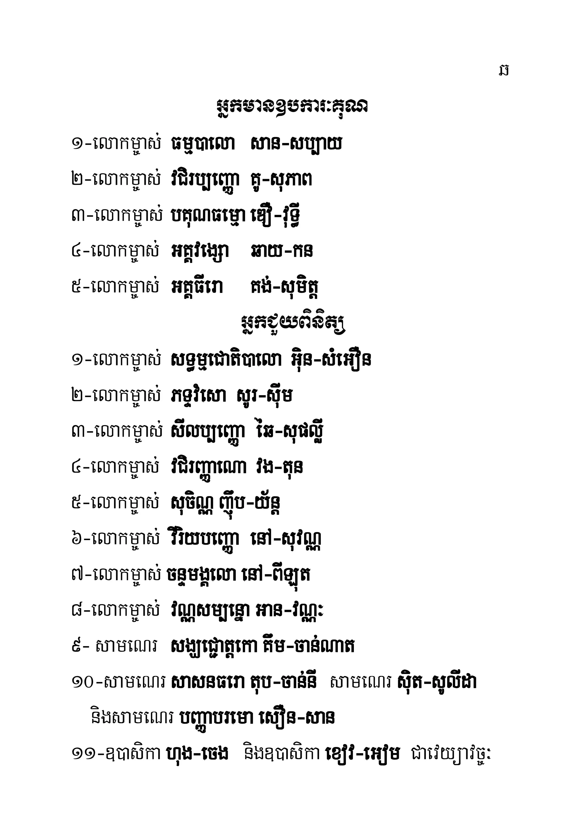 q
Gñkman]bkar³KuN
1-elakm©as; Fmµ)aela san-sb,ay
2-elakm©as; vCirb,eBaØa KU-suPaB
3-elakm©as; bKuNFemµaeDO-vuT§I
4-elakm©as; GKÁvegSa qay-kn
5-elakm©as; GKÁFIera Kg;-sumitþ
GñkCYyBinitü
1-elakm©as; sT§mµeCati)aela Giun-sMeGOn
2-elakm©as; PTÞvMesa sUr-suIm
3-elakm©as; sIlb,eBaØa éq-supløI
4-elakm©as; vCirBaØaeNa vg-tun
5-elakm©as; suciNÑ júwb-y½nþ
6-elakm©as; vIriybeBaØa enA-suvNÑ
7-elakm©as;cnÞmgÁela enA-BILút
8-elakm©as; vNÑsm,enña Gan-vNÑ³
9- sameNr sgÇeC¢atþeka Kwm-can;Nat
10-sameNrsasnFera tub-can;nI sameNr siut-sUlIda
nigsameNr bBaØabrema esOn-san
11-])asika hug-ecg nig])asika exov-eGom Caevyüavc©³
 