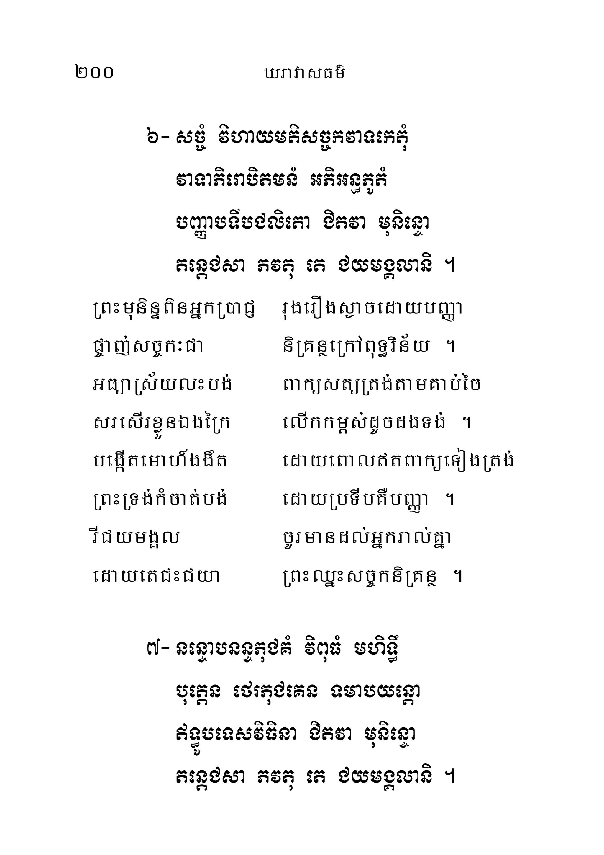 200 XravasFm’
6-sc©M vihaymtisc©kvaTektuM
vaTaPierabitmnM GPiGn§PUtM
bBaØabTIbClieta Citva munienÞa
tenþCsa Pvtu et CymgÁlani .
RBHmuninÞBinGñkR)aCJ rugerOgs¶acedaybBaØa
p©aj;sc©k³Ca niRKnßeRkABuT§vin½y .
GFüaRs½ylHbg; BaküstüRtg;tamKab;éc
sresIrxøÜnÉgéRk elIkkm<s;dUcdgTg; .
begáItemah_ggwt edayeBaltBaküeTogRtg;
RBHRTg;kMcat;bg; edayRbTIbKWbBaØa .
rICymgÁl cUrmandl;Gñkral;Kña
edayetCHCya RBHQñHsc©kniRKnß .
7-nenÞabnnÞPuCKM viBuFM mhiT§w
buetþn efrPuCeKn Tmabyenþa
T§ÚbeTsviFina Citva munienÞa
tenþCsa Pvtu et CymgÁlani .
 