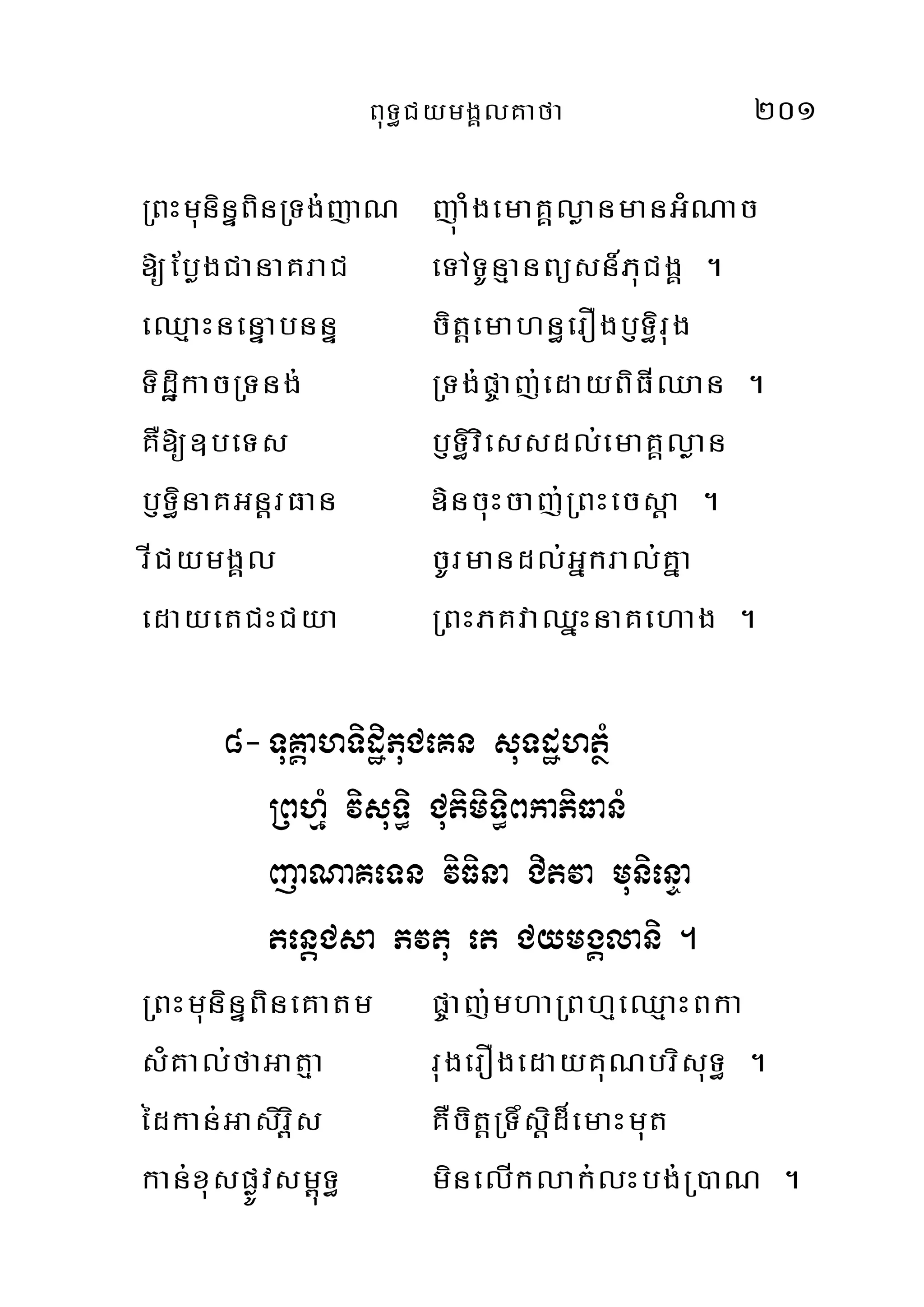 BuT§CymgÁlKafa 201
RBHmuninÞBinRTg;jaN júaMgemaKÁløanmanGMNac
[EbøgCanaKraC eTATUnµanBüsn_PuCgÁ .
eQµaHnenÞabnnÞ citþemahn§erOgb£T§irug
TidæikacRTng; RTg;p©aj;edayBiFIQan .
KW[]beTs b£T§iviessdl;emaKÁløan
b£T§inaKGnþrFan »ncuHcaj;RBHecsþa .
rICymgÁl cUrmandl;Gñkral;Kña
edayetCHCya RBHPKvaQñHnaKehag .
8-TuKÁahTidæiPuCeKn suTdæhtßM
RBhµM visuT§i CutimiT§iBkaPiFanM
jaNaKeTn viFina Citva munienÞa
tenþCsa Pvtu et CymgÁlani .
RBHmuninÞBineKatm p©aj;mhaRBhµeQµaHBka
sMKal;faGatµa rugerOgedayKuNbrisuT§ .
édkan;Gasir<is KWcitþRTwsþid¾emaHmut
kan;xuspøÚvsm<úT§ minelIklak;lHbg;R)aN .
 