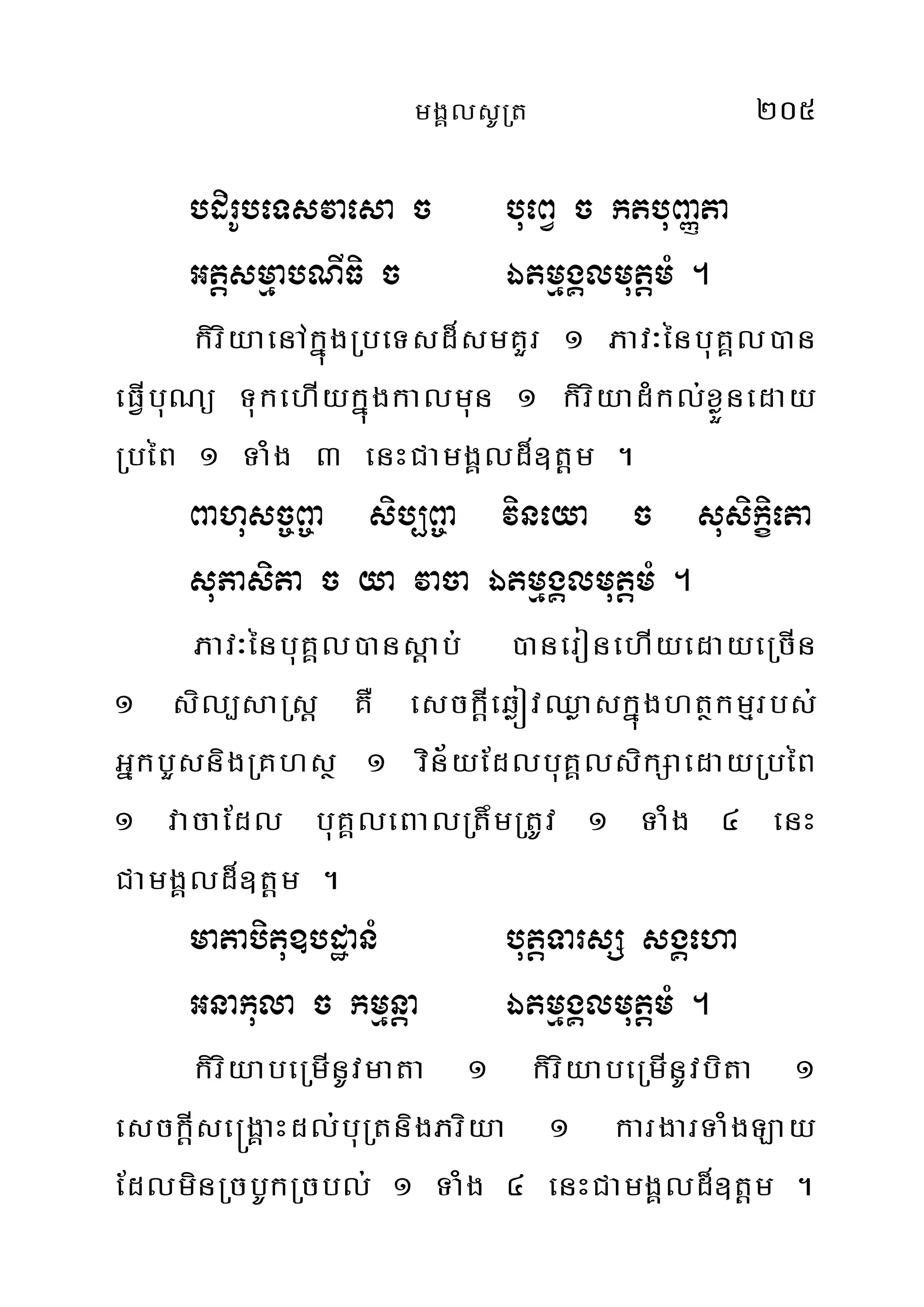 mgÁlsURt 205
bdirUbeTsvaesa c bueBV c ktbuBaØta
GtþsmµabNIFi c ÉtmµgÁlmutþmM .
kiriyaenAkñúgRbeTsd¾smKYr 1 Pav³énbuKÁl)an
eFVIbuNü TukehIykñúgkalmun 1 kiriyadMkl;xøÜneday
RbéB 1 TaMg 3 enHCamgÁld¾]tþm .
Bahusc©B©a sib,B©a vineya c susikçieta
suPasita c ya vaca ÉtmµgÁlmutþmM .
Pav³énbuKÁl)ansþab; )aneronehIyedayeRcIn
1 sil,saRsþ KW esckþIeqøóvQøaskñúghtßkmµrbs;
GñkbYsnigRKhsß 1 vin½yEdlbuKÁlsikSaedayRbéB
1 vacaEdl buKÁleBalRtwmRtUv 1 TaMg 4 enH
CamgÁld¾]tþm .
matabitu]bdæanM butþTarsS sgÁeha
Gnakula c kmµnþa ÉtmµgÁlmutþmM .
kiriyabeRmInUvmata 1 kiriyabeRmInUvbita 1
esckIþse®gÁaHdl;buRtnigPriya 1 kargarTaMgLay
EdlminRcbUkRcbl; 1 TaMg 4 enHCamgÁld¾]tþm .
 