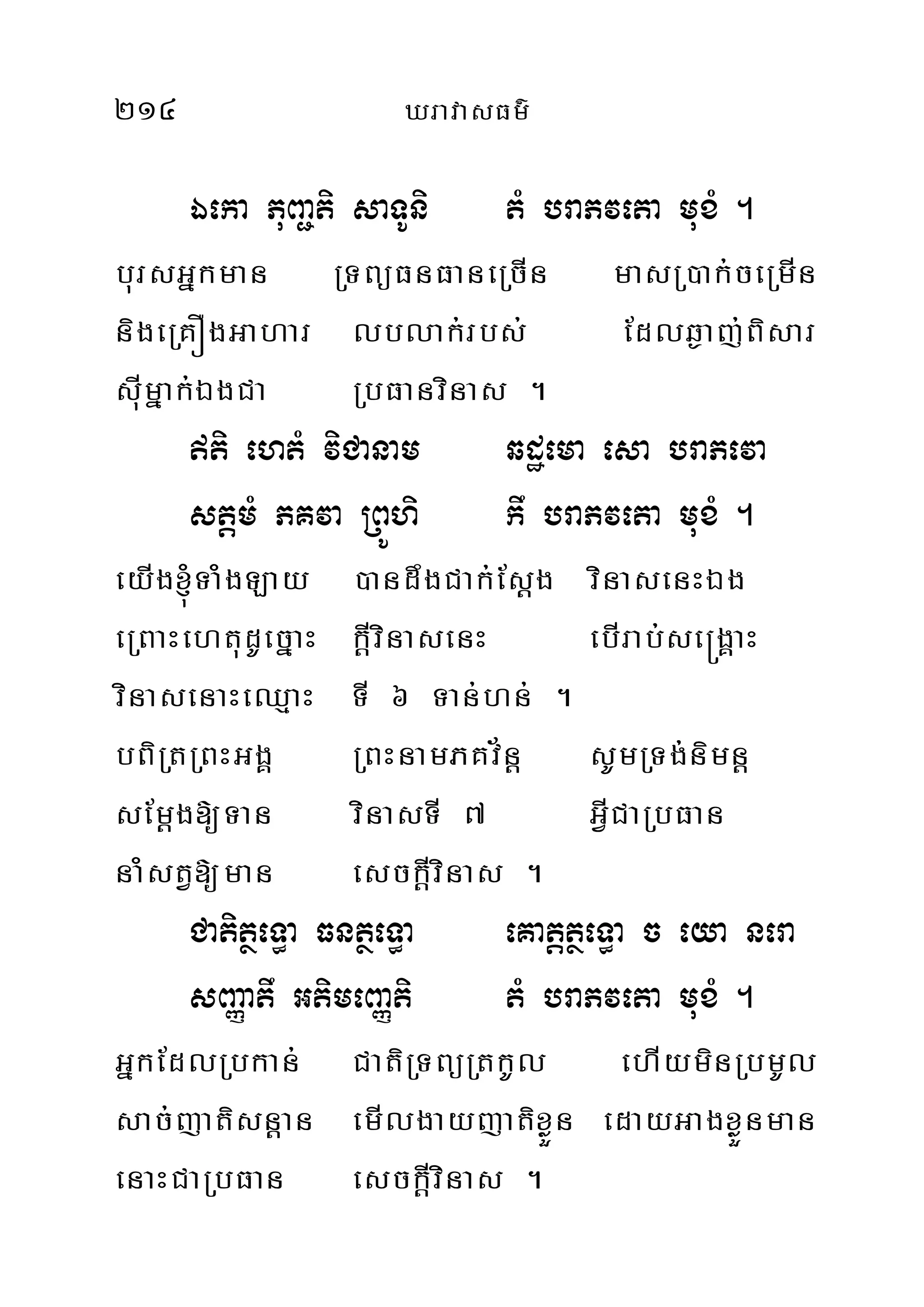 214 XravasFm’
Éeka PuBa¢ti saTUni tM braPveta muxM .
bursGñkman RTBüFnFaneRcIn masR)ak;ceRmIn
nigeRKÓgGahar lblak;rbs; Edlq¶aj;Bisar
suImñak;ÉgCa RbFanvinas .
ti ehtM viCanam qdæema esa braPeva
stþmM PKva RBÚhi kw braPveta muxM .
eyIg´TaMgLay )andwgCak;Esþg vinasenHÉg
eRBaHehtudUecñaH kþIvinasenH ebIrab;se®gÁaH
vinasenaHeQµaH TI 6 Tan;hn; .
bBiRtRBHGgÁ RBHnamPKv½nþ sUmRTg;nimnþ
sEmþg[Tan vinasTI 7 GVICaRbFan
naMstV[man esckþIvinas .
CatitßeT§a FntßeT§a eKatþtßeT§a c eya nera
sBaØatw GtimeBaØti tM braPveta muxM .
GñkEdlRbkan; CatiRTBüRtkUl ehIyminRbmUl
sac;jatisnþan emIlgayjatixøÜn edayGagxøÜnman
enaHCaRbFan esckþIvinas .
 
