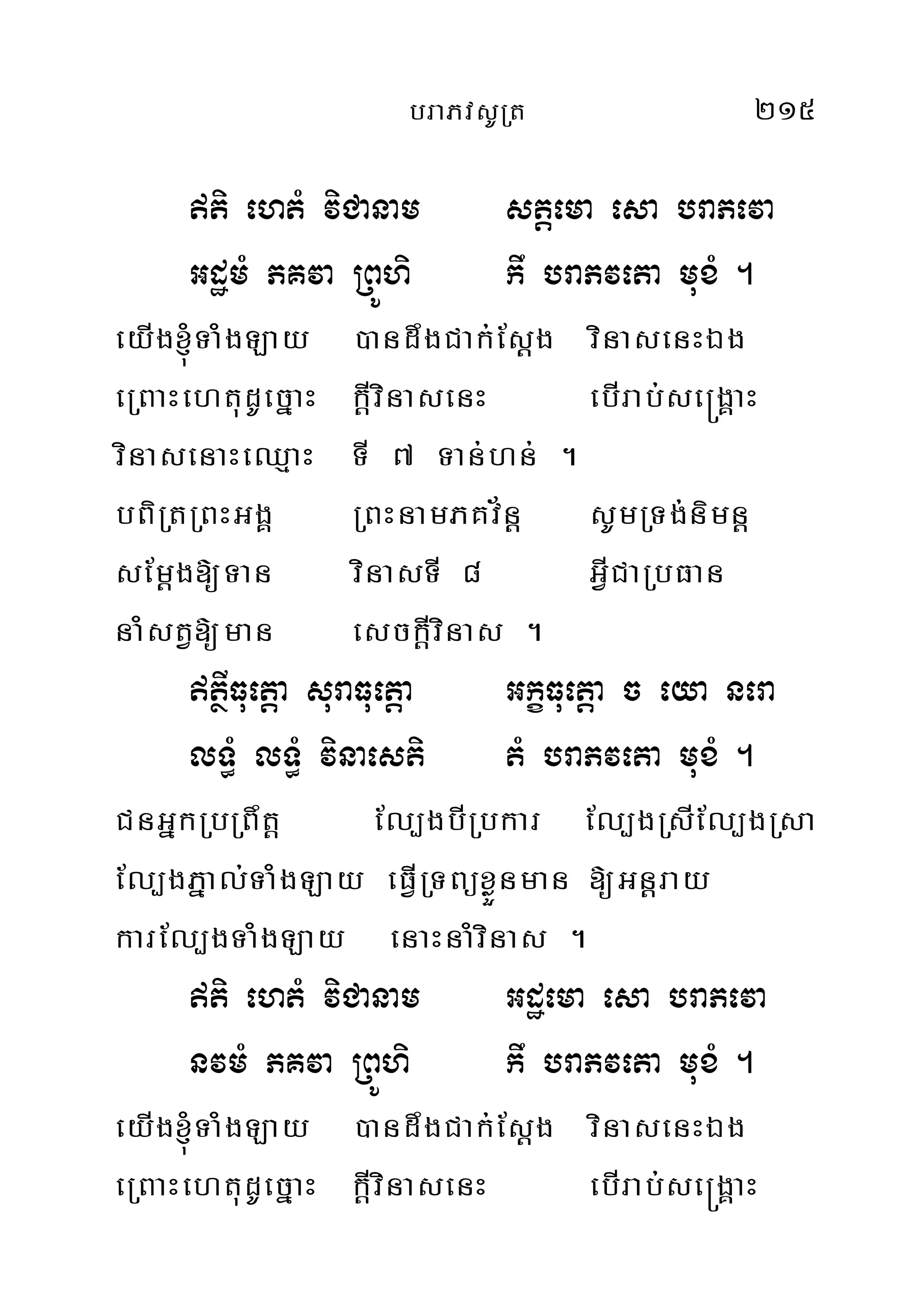braPvsURt 215
ti ehtM viCanam stþema esa braPeva
GdæmM PKva RBÚhi kw braPveta muxM .
eyIg´TaMgLay )andwgCak;Esþg vinasenHÉg
eRBaHehtudUecñaH kþIvinasenH ebIrab;se®gÁaH
vinasenaHeQµaH TI 7 Tan;hn; .
bBiRtRBHGgÁ RBHnamPKv½nþ sUmRTg;nimnþ
sEmþg[Tan vinasTI 8 GVICaRbFan
naMstV[man esckþIvinas .
tßIFuetþa suraFuetþa GkçFuetþa c eya nera
lT§M lT§M vinaesti tM braPveta muxM .
CnGñkRbRBwtþ El,gbIRbkar El,gRsIEl,gRsa
El,gPñal;TaMgLay eFVIRTBüxøÜnman [Gnþray
karEl,gTaMgLay enaHnaMvinas .
ti ehtM viCanam Gdæema esa braPeva
nvmM PKva RBÚhi kw braPveta muxM .
eyIg´TaMgLay )andwgCak;Esþg vinasenHÉg
eRBaHehtudUecñaH kþIvinasenH ebIrab;se®gÁaH
 