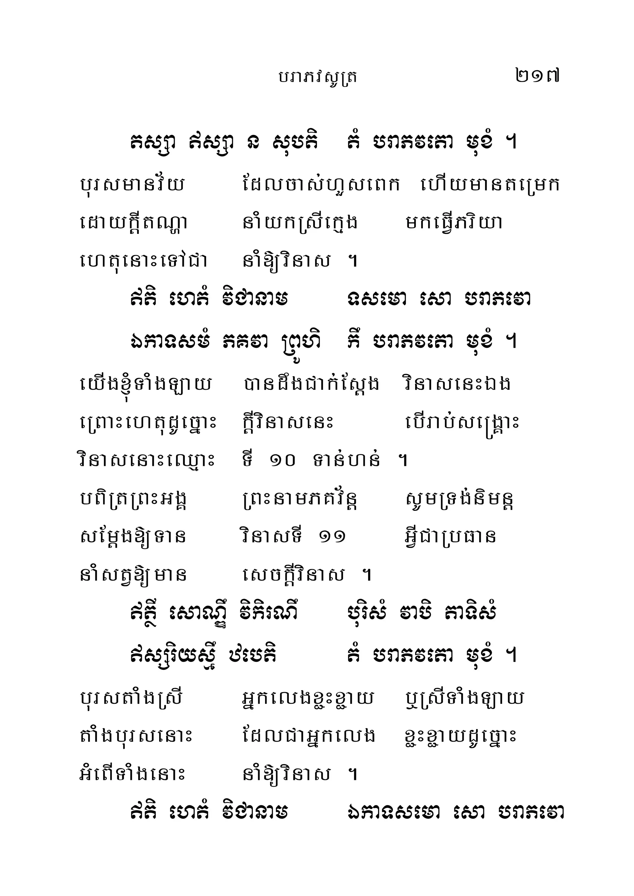 braPvsURt 217
tsSa sSa n subti tM braPveta muxM .
bursmanv½y Edlcas;hYseBk ehIymanteRmk
edaykþItNða naMykRsIekµg mkeFVIPriya
ehtuenaHeTACa naM[vinas .
ti ehtM viCanam Tsema esa braPeva
ÉkaTsmM PKva RBÚhi kw braPveta muxM .
eyIg´TaMgLay )andwgCak;Esþg vinasenHÉg
eRBaHehtudUecñaH kþIvinasenH ebIrab;se®gÁaH
vinasenaHeQµaH TI 10 Tan;hn; .
bBiRtRBHGgÁ RBHnamPKv½nþ sUmRTg;nimnþ
sEmþg[Tan vinasTI 11 GVICaRbFan
naMstV[man esckþIvinas .
tßI esaNÐw vikirNw burisM vabi taTisM
sSriysµw zebti tM braPveta muxM .
burstaMgRsI Gñkelgx¢Hx¢ay b¤RsITaMgLay
taMgbursenaH EdlCaGñkelg x¢Hx¢aydUecñaH
GMeBITaMgenaH naM[vinas .
ti ehtM viCanam ÉkaTsema esa braPeva
 