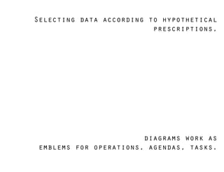 Selecting data according to hypothetical
                          prescriptions,




                        diagrams work as
 emblems for operations, agendas, tasks.
 