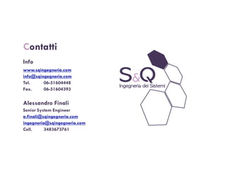 Contatti
Info
www.sqingegneria.com
info@sqingegneria.com
Tel.     06-51604448
Fax.     06-51604393

Alessandro Finali
Senior System Engineer
a.finali@sqingegneria.com
ingegneria@sqingegneria.com
Cell.     3483673761
 