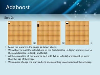 Adaboost
Step 2:

(a)

(b)

(c)

• Move the feature in the image as shown above.
• We will perform all the calculations on the first classifier i.e. fig (a) and move on to
the next classifier i.e. fig (b) and fig (c).
• All the calculation of the features start with 1x2 as in fig (a) and cannot go more
than the size of the image.
• We can also change the start and end size according to our need and the accuracy.

 