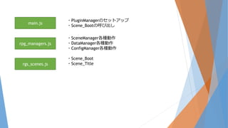 main.js
rpg_managers.js
rgs_scenes.js
・PluginManagerのセットアップ
・Scene_Bootの呼び出し
・SceneManager各種動作
・DataManager各種動作
・ConfigManager各種動作
・Scene_Boot
・Scene_Title
 