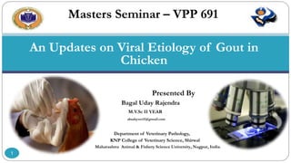 An Updates on Viral Etiology of Gout in
Chicken
Presented By
Bagal Uday Rajendra
M.V.Sc II YEAR
drudayvet11@gmail.com
Department of Veterinary Pathology,
KNP College of Veterinary Science, Shirwal
Maharashtra Animal & Fishery Science University, Nagpur, India.
Masters Seminar – VPP 691
1
 