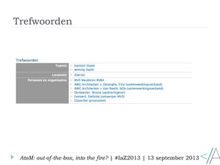 Trefwoorden
AtoM: out-of-the-box, into the fire? | #IaZ2013 | 13 september 2013
 