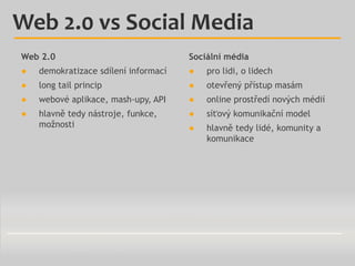 Web 2.0 vs Social Media
Web 2.0

Sociální média

●

demokratizace sdílení informací

●

pro lidi, o lidech

●

long tail princip

●

otevřený přístup masám

●

webové aplikace, mash-upy, API

●

online prostředí nových médií

●

hlavně tedy nástroje, funkce,
možnosti

●

síťový komunikační model

●

hlavně tedy lidé, komunity a
komunikace

 