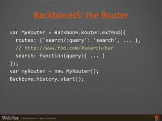 BackboneJS: the Router
var MyRouter = Backbone.Router.extend({
  routes: {'search/:query': 'search', ... },
  // http://www.foo.com/#search/bar
  search: function(query){ ... }
});
var myRouter = new MyRouter();
Backbone.history.start();
 