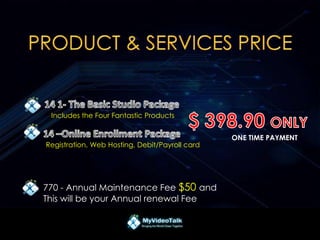Includes the Four Fantastic Products
Registration, Web Hosting, Debit/Payroll card
770 - Annual Maintenance Fee $50 and
This will be your Annual renewal Fee
ONE TIME PAYMENT
 
