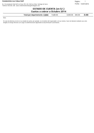 Condominio Los Inkas Golf
ESTADO DE CUENTA (en S/.)
Cuotas a cobrar a Octubre 2014
Fecha : 14/07/2015Av. Circunvalación Club Golf Los Incas 292, Urb. Golf Los Inkas, Santiago de Surco.
Teléfono 4361250, URL: www.condominiolosinkasgolf.blogspot.com
Página : 3
Total por departamento 0.00C204
Nota:
En caso de detectar un error en su estado de cuenta, por ejemplo: en el nombre del responsable o en sus montos, favor de indicarlo mediante una carta
dirigida al Consejo Directivo con cargo a la Administración adjuntando la documentación sustentatoria.
840.008,840.009,680.00
 