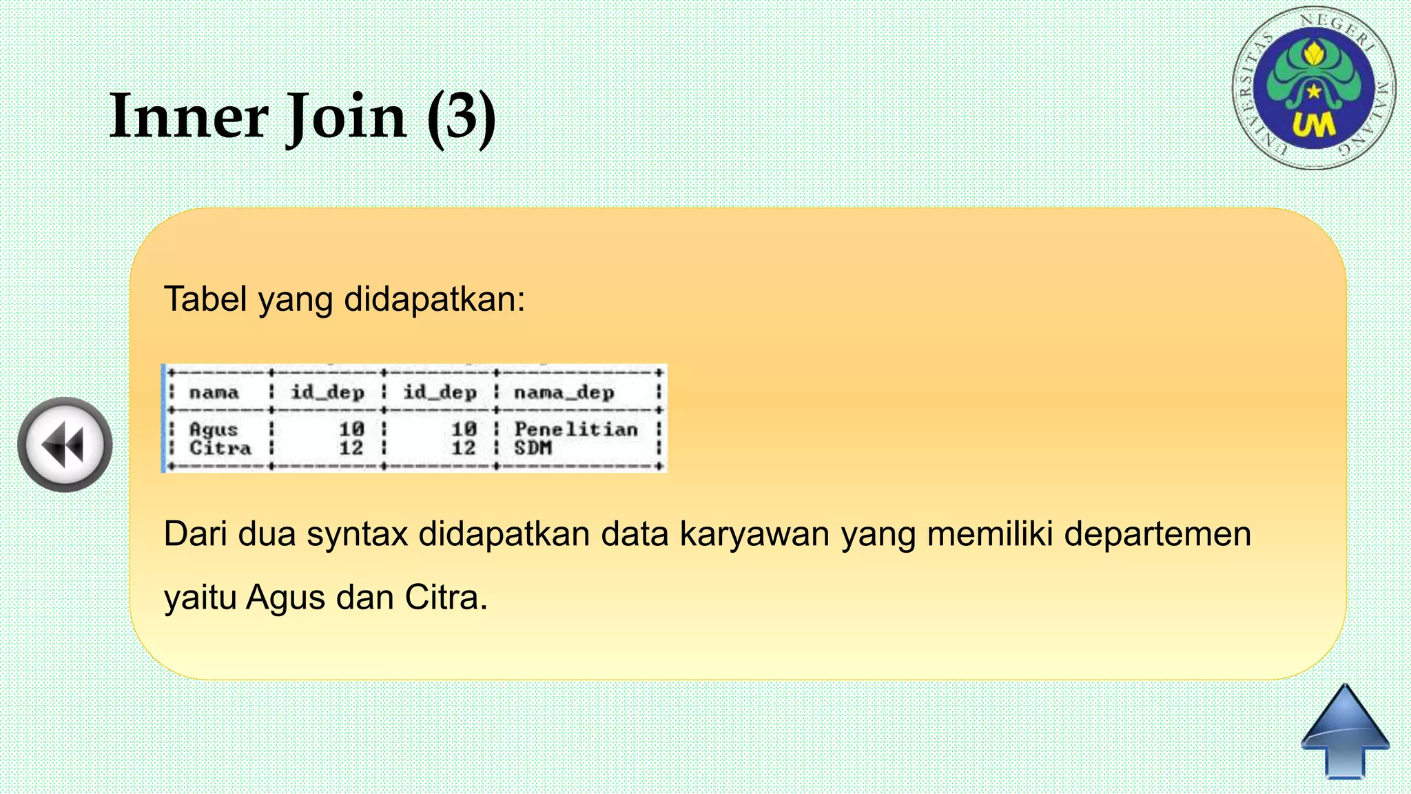 Inner Join (3)
Tabel yang didapatkan:
Dari dua syntax didapatkan data karyawan yang memiliki departemen
yaitu Agus dan Citra.
 