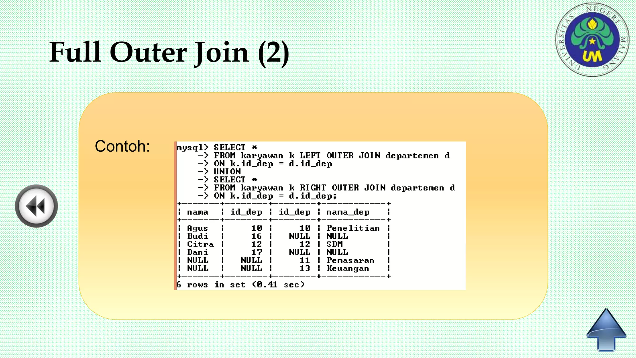 Full Outer Join (2)
Contoh:
 