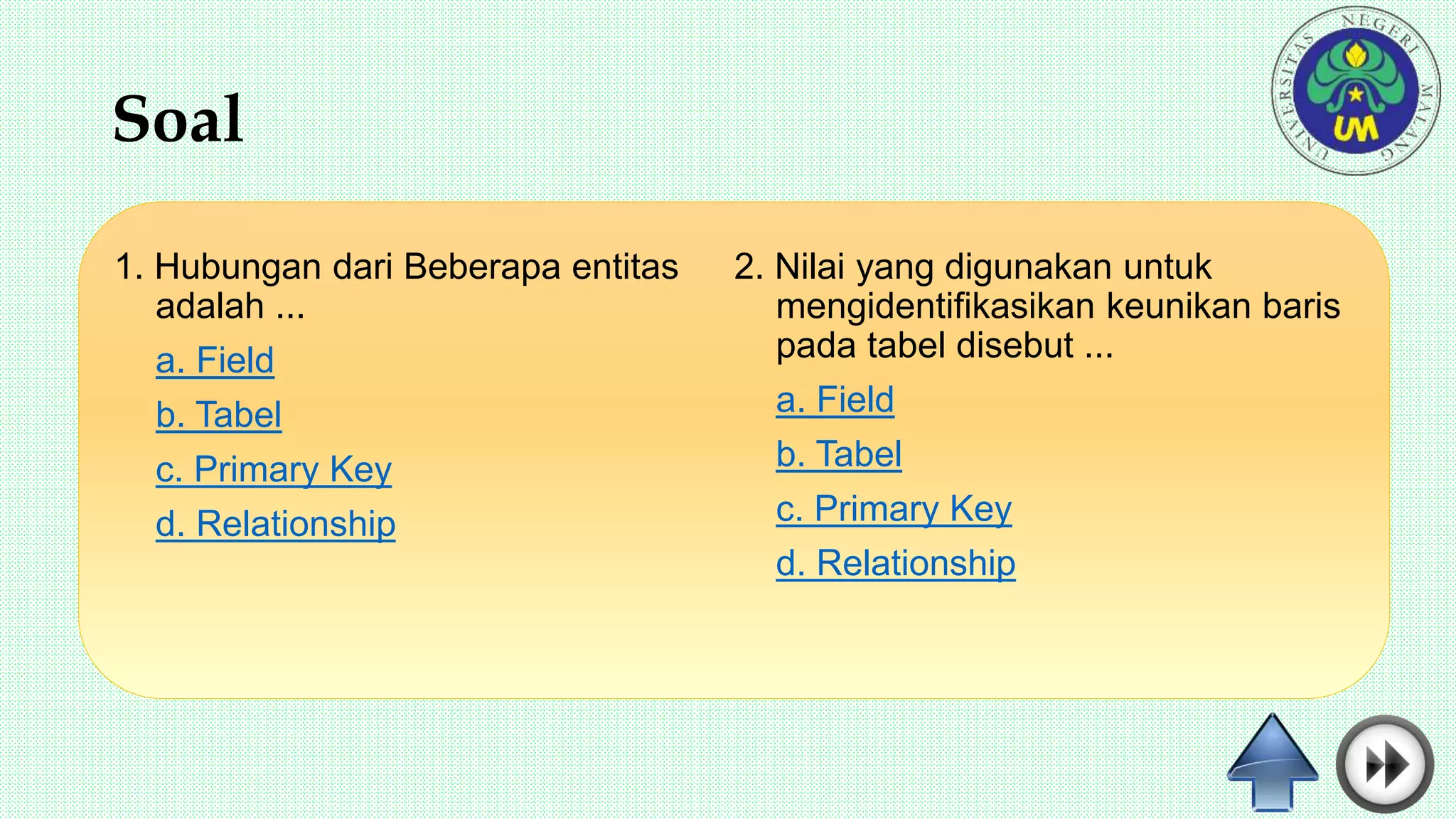 Soal
1. Hubungan dari Beberapa entitas
adalah ...
a. Field
b. Tabel
c. Primary Key
d. Relationship
2. Nilai yang digunakan untuk
mengidentifikasikan keunikan baris
pada tabel disebut ...
a. Field
b. Tabel
c. Primary Key
d. Relationship
 