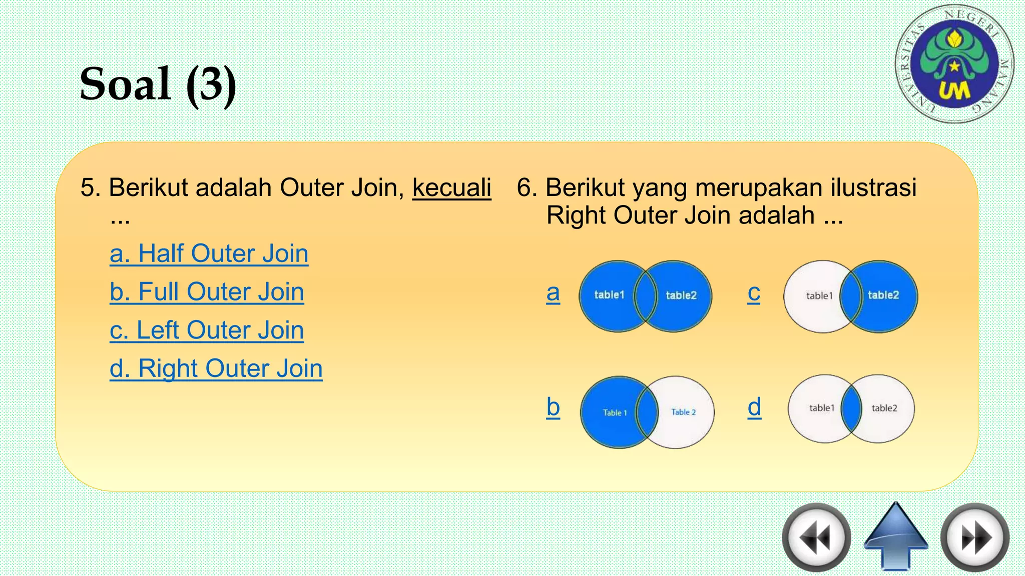 Soal (3)
5. Berikut adalah Outer Join, kecuali
...
a. Half Outer Join
b. Full Outer Join
c. Left Outer Join
d. Right Outer Join
6. Berikut yang merupakan ilustrasi
Right Outer Join adalah ...
a c
b d
 