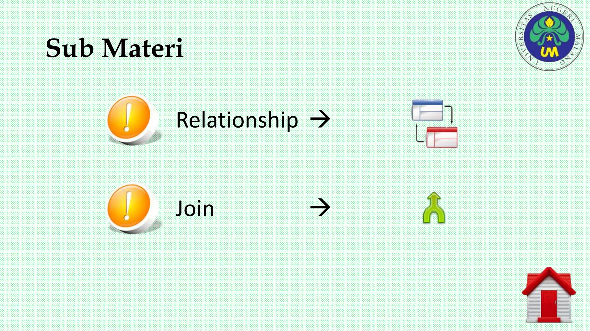 Sub Materi
Relationship 
Join 
 