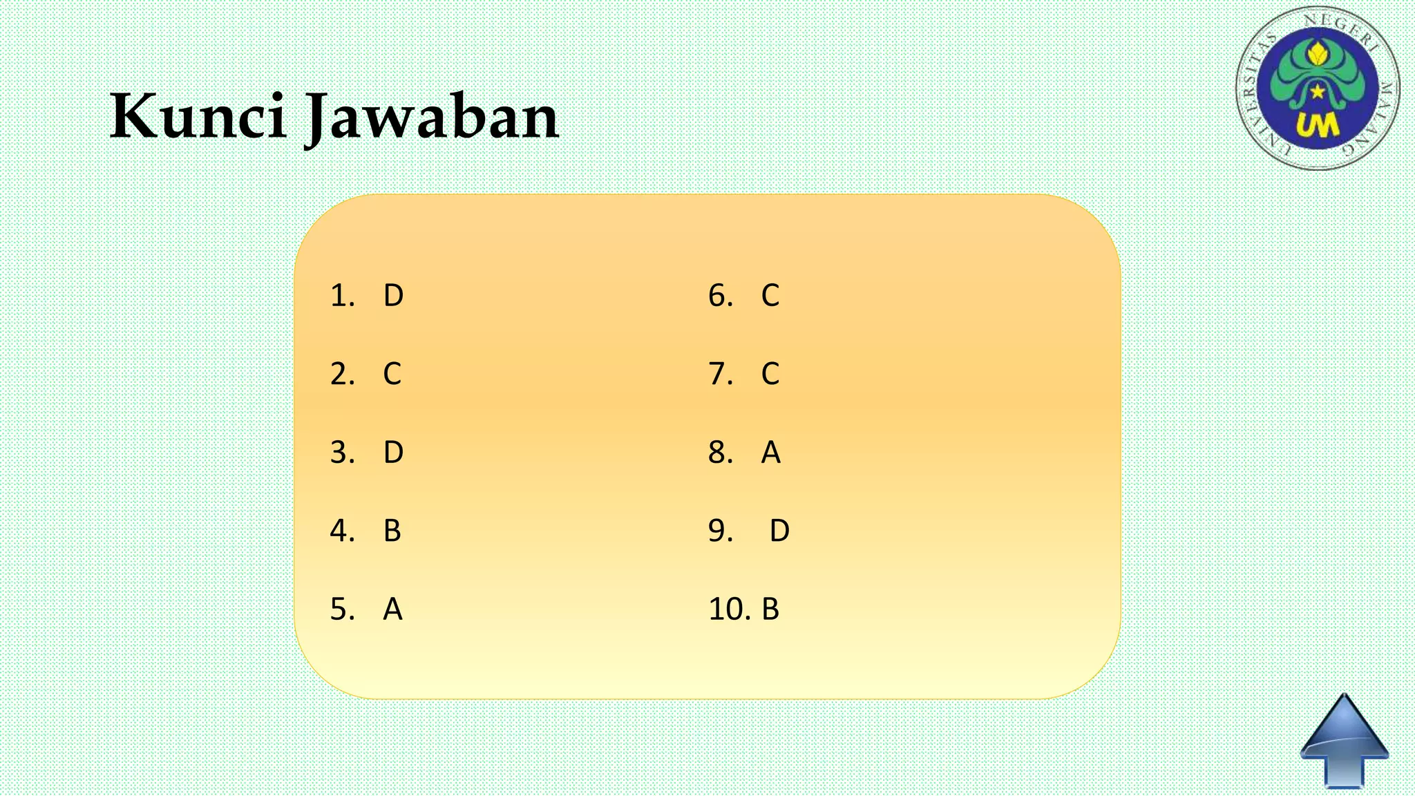 Kunci Jawaban
1. D
2. C
3. D
4. B
5. A
6. C
7. C
8. A
9. D
10. B
 