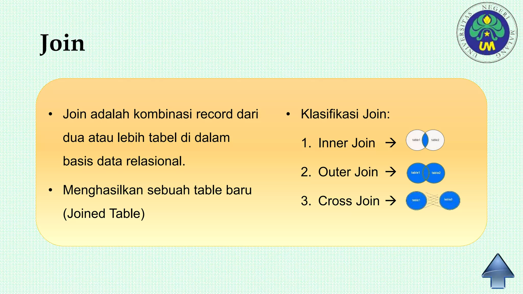 Join
• Join adalah kombinasi record dari
dua atau lebih tabel di dalam
basis data relasional.
• Menghasilkan sebuah table baru
(Joined Table)
• Klasifikasi Join:
1. Inner Join 
2. Outer Join 
3. Cross Join 
 