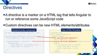 12
<!DOCTYPE html>
<html ng-app="tasklist">
<head>…</head>
<body ng-controller="MainCtrl">
<h1>{{ appTitle }}</h1>
<button ng-click="getTasks()">Tasks</button>
<table>
<tr ng-repeat="task in tasks">
<td>{{ task.desc }}</td>
<td>{{ task.notes }}</td>
</tr>
</table>
var app = angular.module('tasklist', []);
app.controller('MainCtrl', function($scope) {
$scope.appTitle = 'MVU Task List';
$scope.getTasks = function() {
$scope.tasks = [
{ desc:"Task 1", notes:"More info" },
{ desc:"Task 2", notes:"" }
]
};
};
Directives
A directive is a marker on a HTML tag that tells Angular to
run or reference some JavaScript code
Custom directives can be new HTML elements/attributes
Model/Controller (Javascript) View (HTML/Template)
 